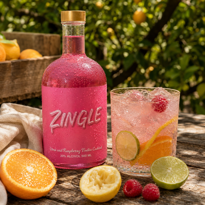 500ml bottle of Zingle lemon lime orange raspberry flavoured vodka