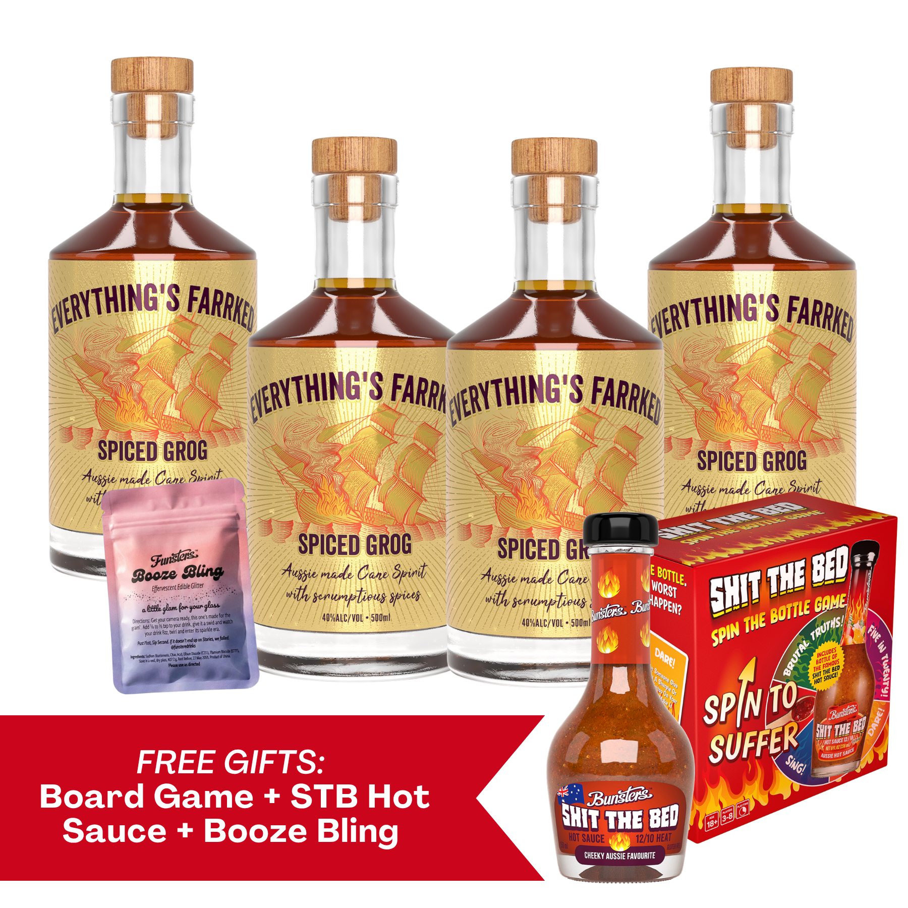 Everything's Farrked Spiced Grog four-pack with free Shit The Bed board game, hot sauce and Booze Bling glitter