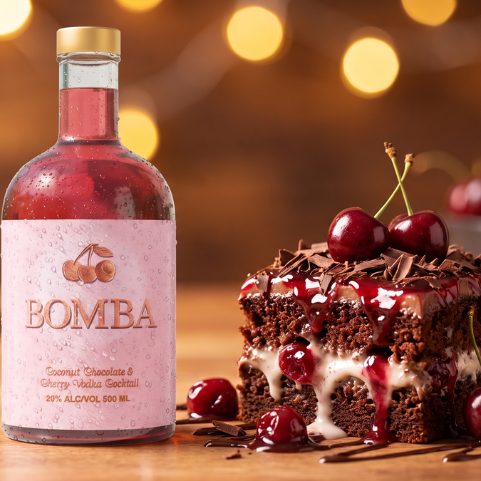 Bomba vodka bottle beside a slice of cherry chocolate cake with chocolate shavings