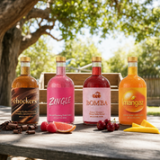 Best Sellers Box - four bottles (Chockers, Bomba, Mangaz, Zingle) in front of an empty wooden crate with garnishes