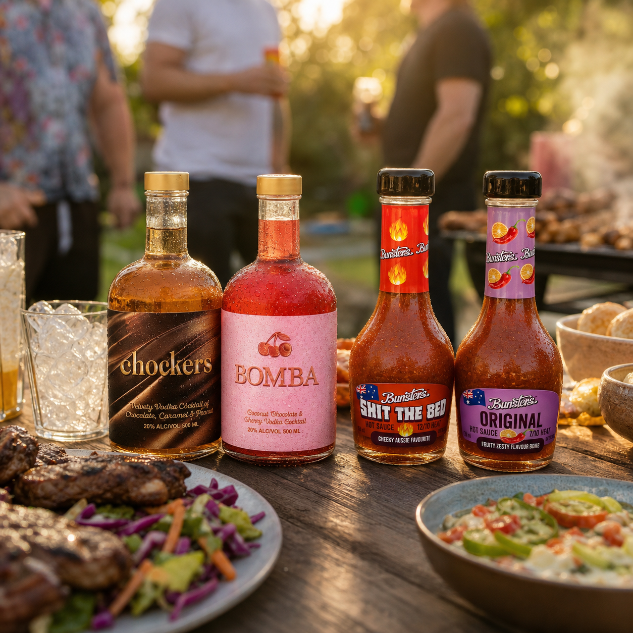 Bunsters vodkas and hot sauces together in a social table setting
