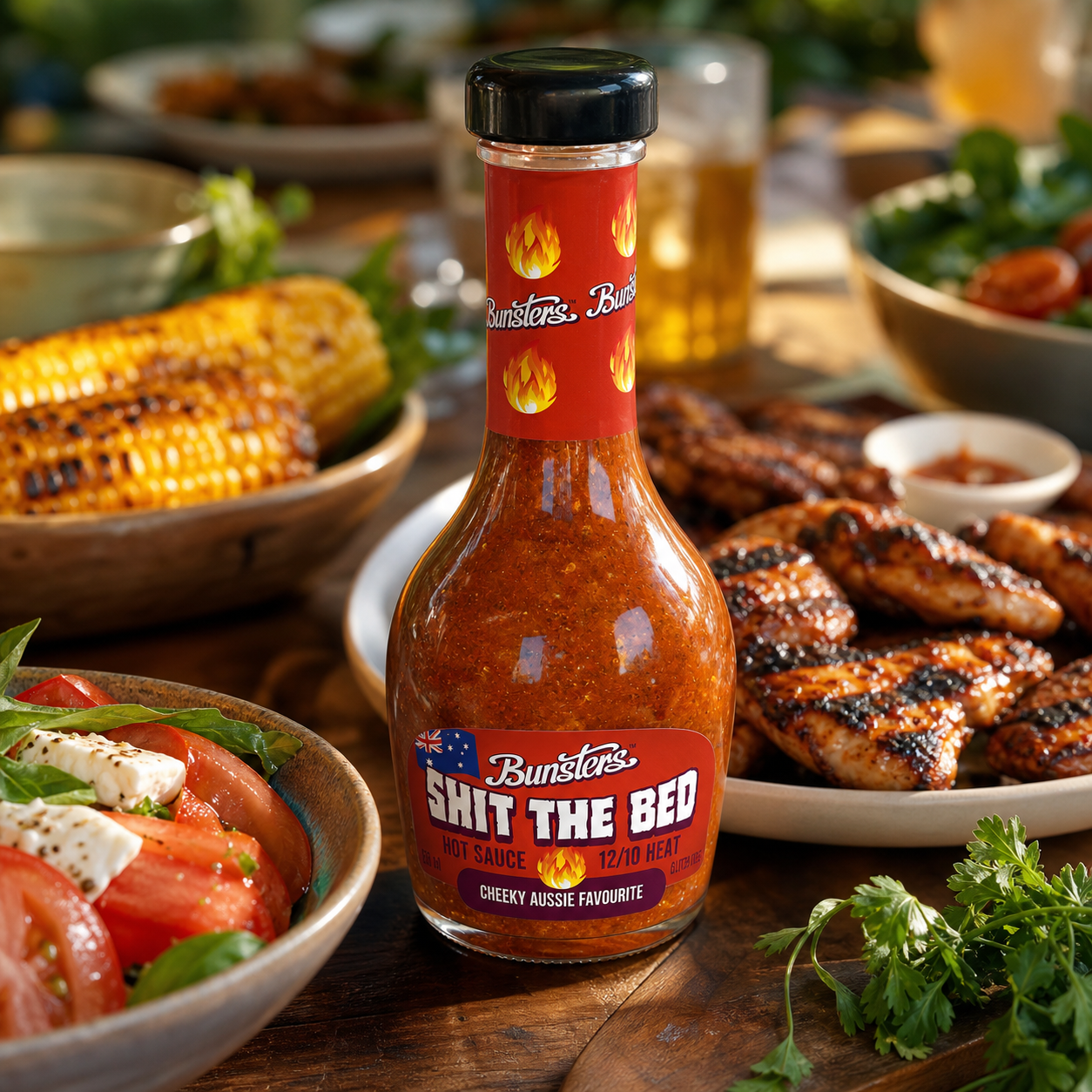 Bunsters Shit the Bed hot sauce in an energetic food setting