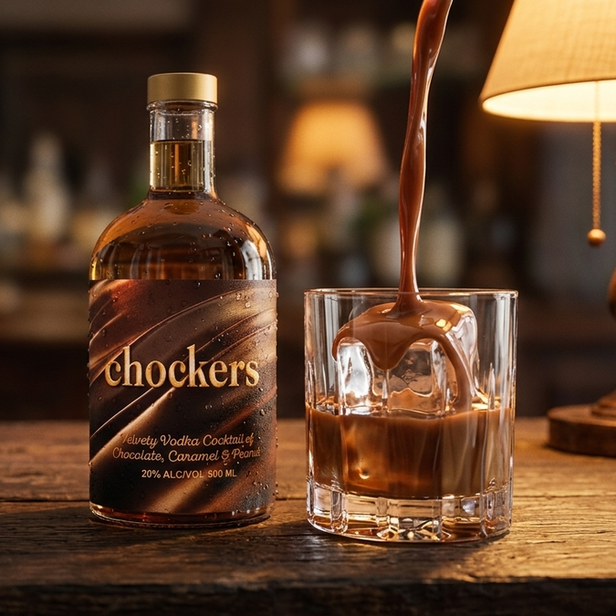 Chockers vodka being poured over ice into a rocks glass at a dark timber bar