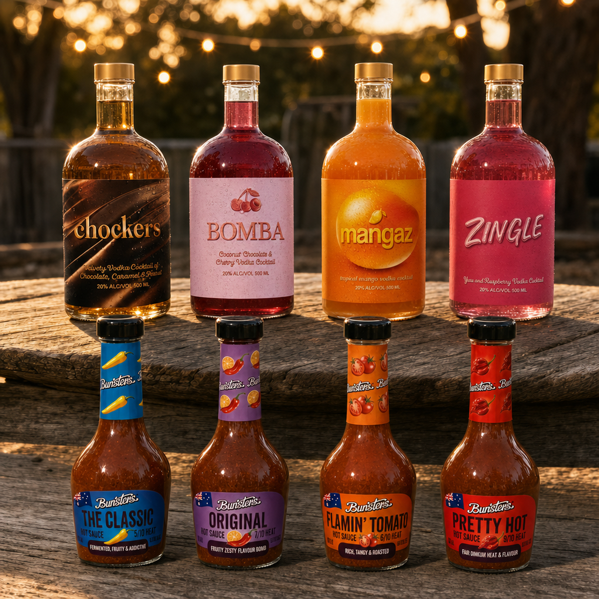 Deadset Crowd Pleaser - all 8 Bunsters best sellers: Chockers, Bomba, Mangaz and Zingle vodkas with The Classic, Original, Flamin' Tomato and Pretty Hot sauces