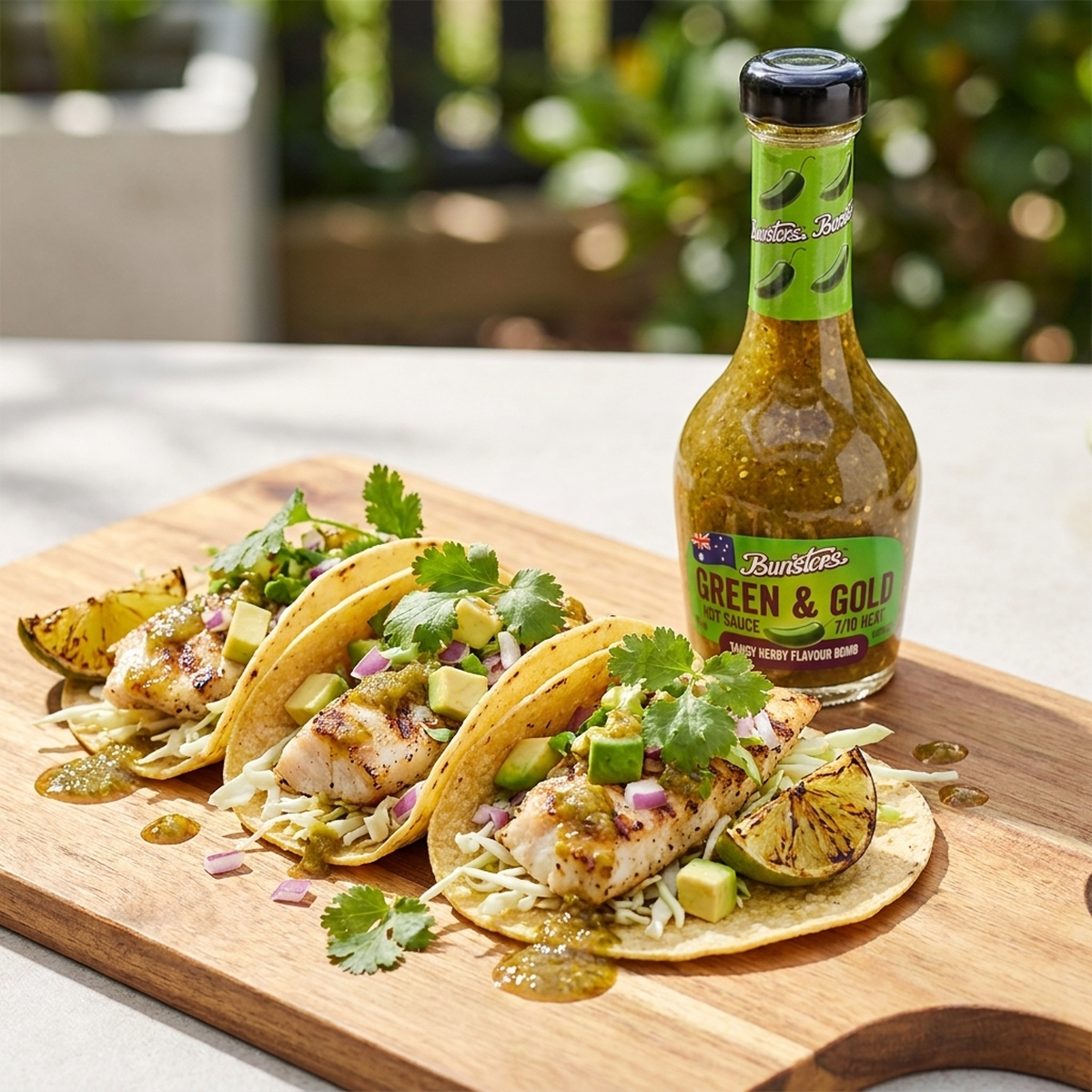 Green and Gold hot sauce with grilled fish tacos