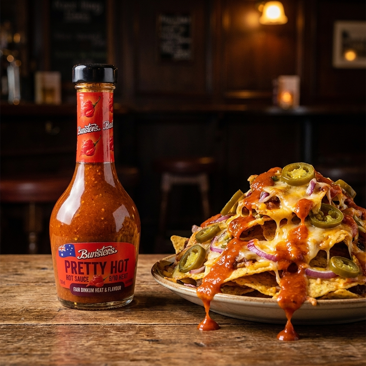 Pretty Hot hot sauce with loaded pub nachos