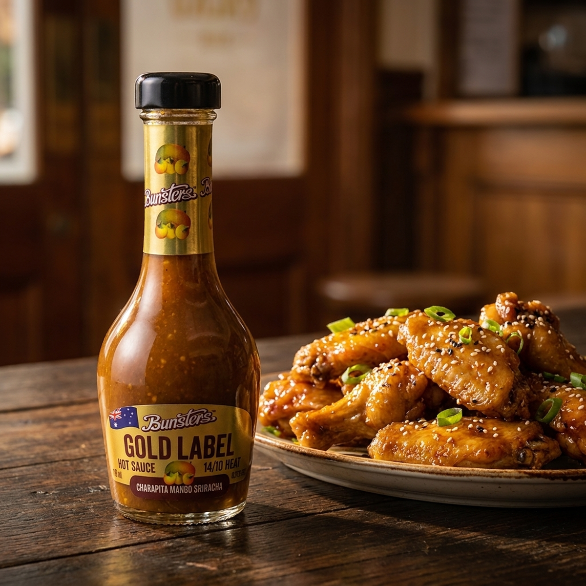 Gold Label hot sauce with sesame chicken wings