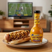 Flamin Mustard hot sauce with a grilled sausage hot dog
