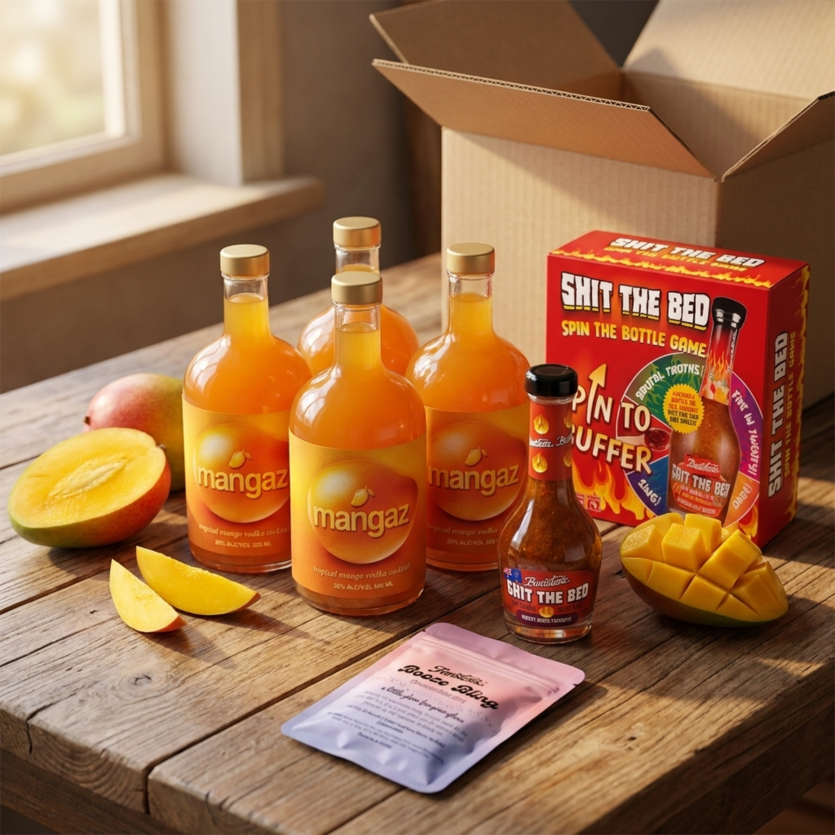 Case of four Mangaz vodka bottles with game night gifts