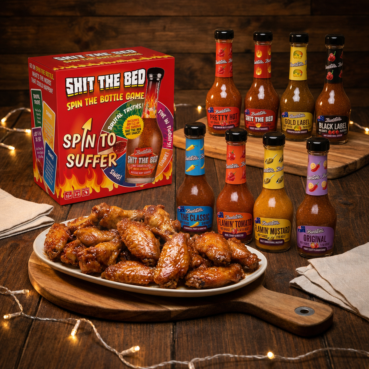 Hot Ones At Home Kit - all 8 Bunsters hot sauces from The Classic to Black Label with the Shit The Bed Spin The Bottle game and a platter of wings