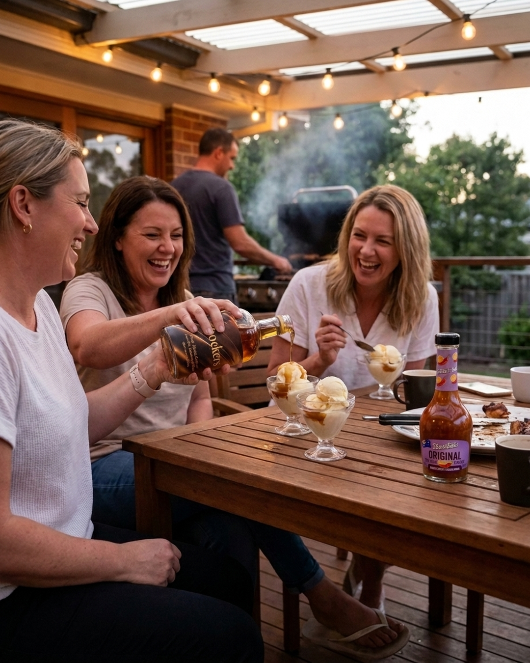 Chockers poured over ice cream at a backyard dinner party
