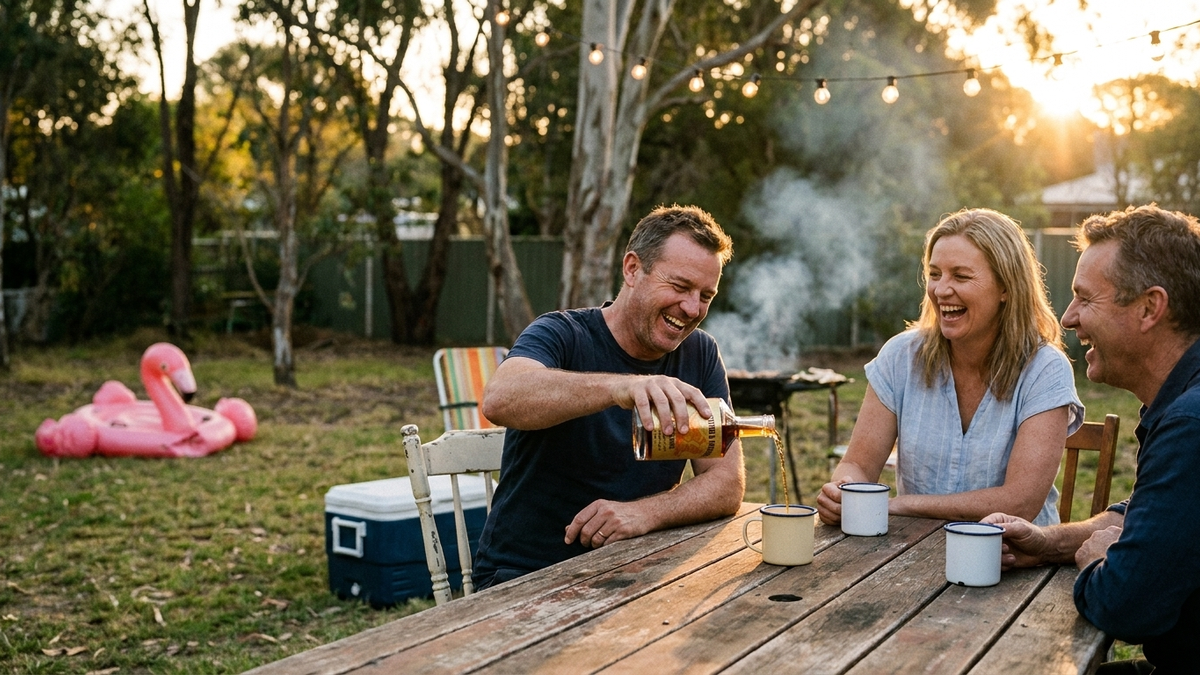 Mates pouring Everything's Farrked Spiced Grog into enamel mugs at a backyard table